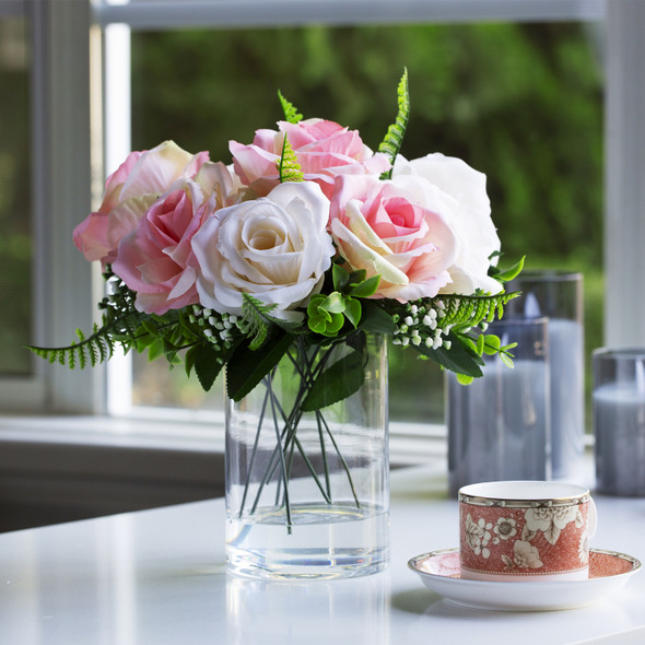 10 Heads Artificial Silk Rose Flowers in Clear Glass Vase With Faux Water(Cream Pink)