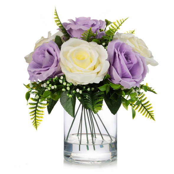 10 Heads Artificial Silk Rose Flowers in Clear Glass Vase With Faux Water(Cream Purple)