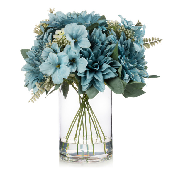 Mixed Artificial Silk Dahlia Flowers in Clear Glass Vase With Faux Water(Blue)