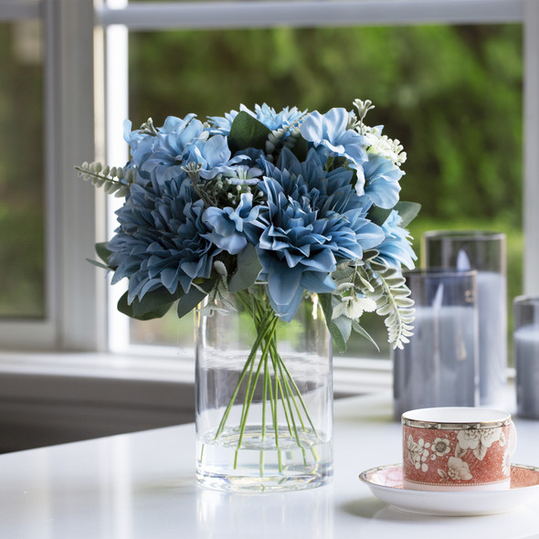 Mixed Artificial Silk Dahlia Flowers in Clear Glass Vase With Faux Water(Blue)