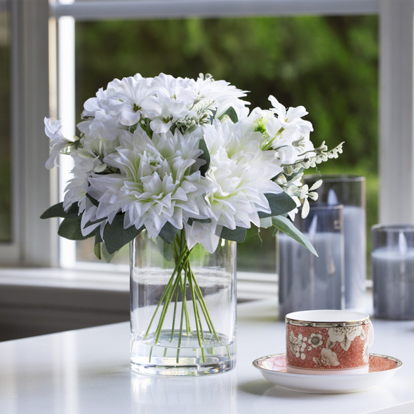 Mixed Artificial Silk Dahlia Flowers in Clear Glass Vase With Faux Water(Cream)