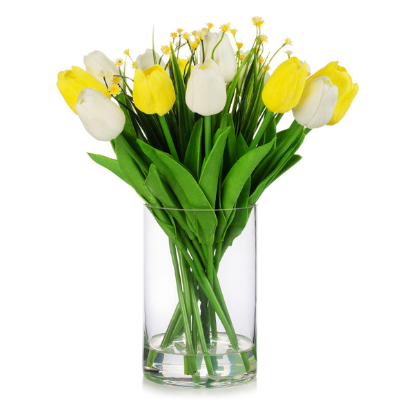 18 Heads Artificial Real Touch Tulip Arrangement in Clear Glass Vase(Yellow White)