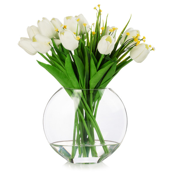 ENOVA FLORAL 18 Heads Artificial Tulips Flowers Real Touch in Vase, Mixed  Fake Baby Breath Artificial Flowers in Vase with Faux Water for Dining