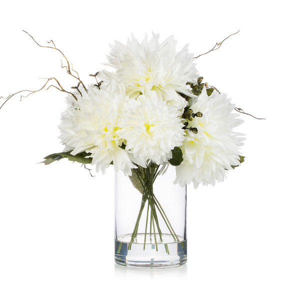 Mixed Artificial Dahlia Flower Arrangement in Clear Glass Vase with Faux Water (Cream White)