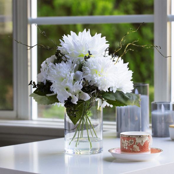 Mixed Artificial Dahlia Flower Arrangement in Clear Glass Vase with Faux Water (Cream White)