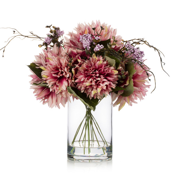 Mixed Artificial Dahlia Flower Arrangement in Clear Glass Vase with Faux Water (Purple)