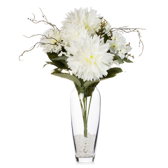 Large Silk Dahlia Flower Arrangement in Clear Glass Vase with Plastic Pearl (Cream)