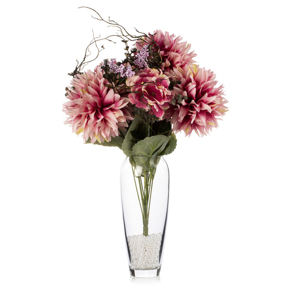 Large Silk Dahlia Flower Arrangement in Clear Glass Vase with Plastic Pearl (Purple)