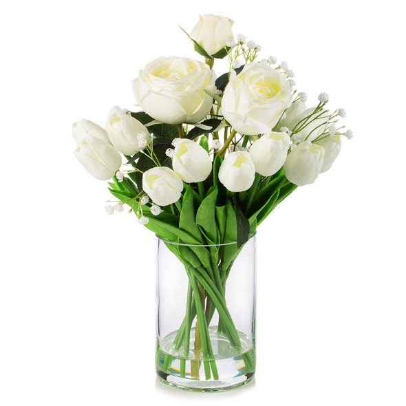 Mixed Artificial Real Touch Tulip and Rose Flower Arrangement in Clear Glass Vase with Faux Water(White)