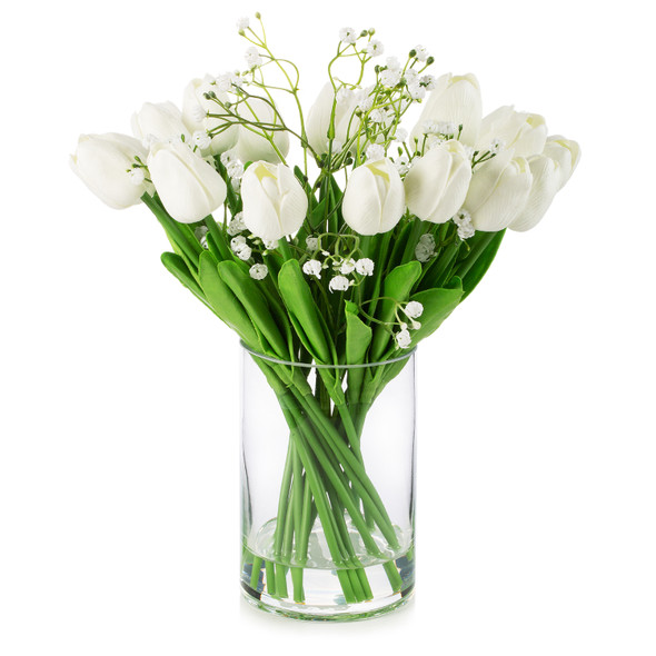 18 Mixed Artificial Real Touch Tulip Flower Arrangement in Clear Glass Vase with Faux Water(White)
