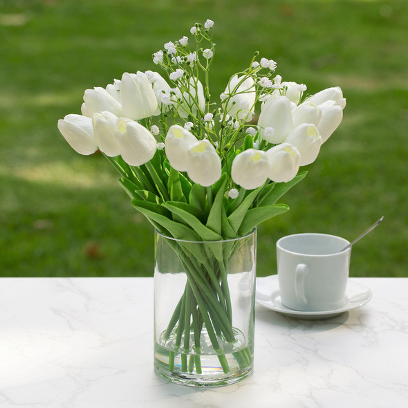 18 Mixed Artificial Real Touch Tulip Flower Arrangement in Clear Glass Vase with Faux Water(White)