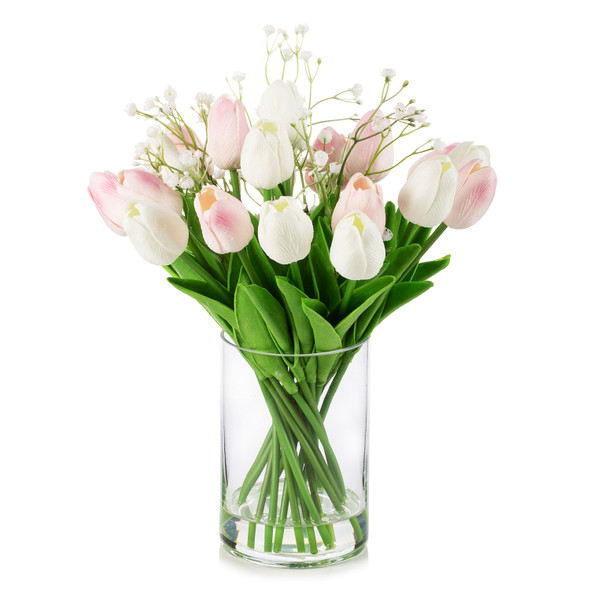 18 Mixed Artificial Real Touch Tulip Flower Arrangement in Clear Glass Vase with Faux Water(White Pink)