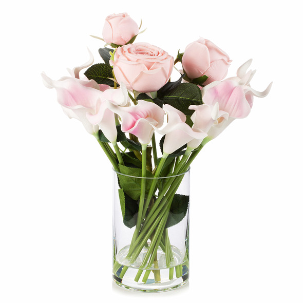 Mixed Artificial Real Touch Lily and Rose Flower Arrangement in Clear Glass Vase with Faux Water(Pink)