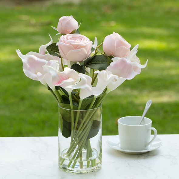 Mixed Artificial Real Touch Lily and Rose Flower Arrangement in Clear Glass Vase with Faux Water(Pink)