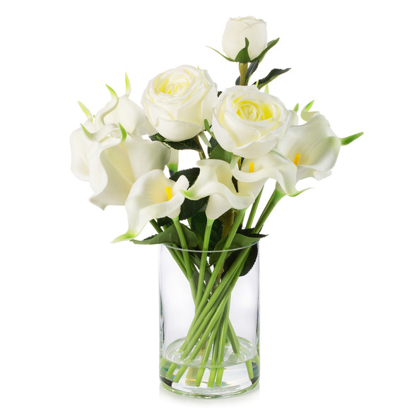 Mixed Artificial Real Touch Lily and Rose Flower Arrangement in Clear Glass Vase with Faux Water(White)