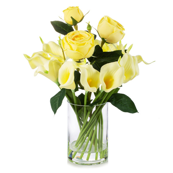 Mixed Artificial Real Touch Lily and Rose Flower Arrangement in Clear Glass Vase with Faux Water(Yellow)