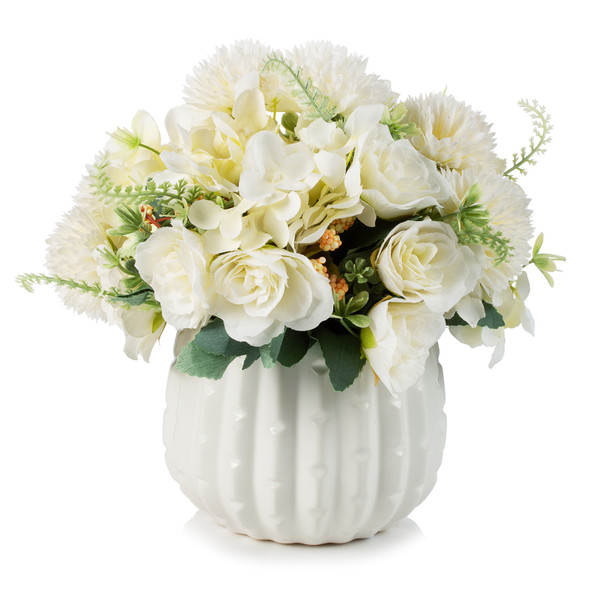 Mixed Artificial Silk Rose Flower in Ceramic Pot(Cream)