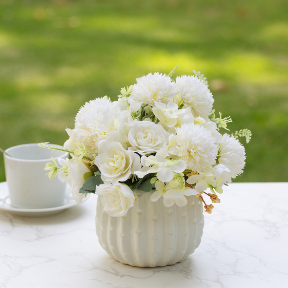 Mixed Artificial Silk Rose Flower in Ceramic Pot(Cream)