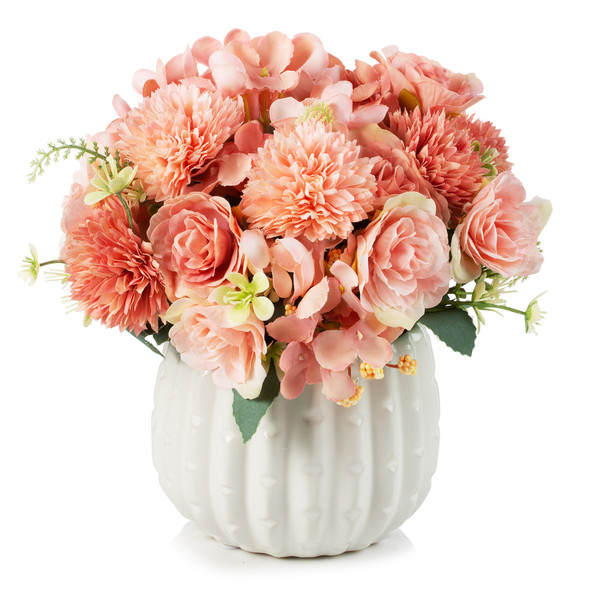 Mixed Artificial Silk Rose Flower in Ceramic Pot (Pink)