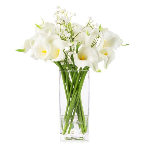 Mixed Artificial Real Touch Lily and Baby Breath Flower Arrangement in Clear Glass Vase with Faux Water