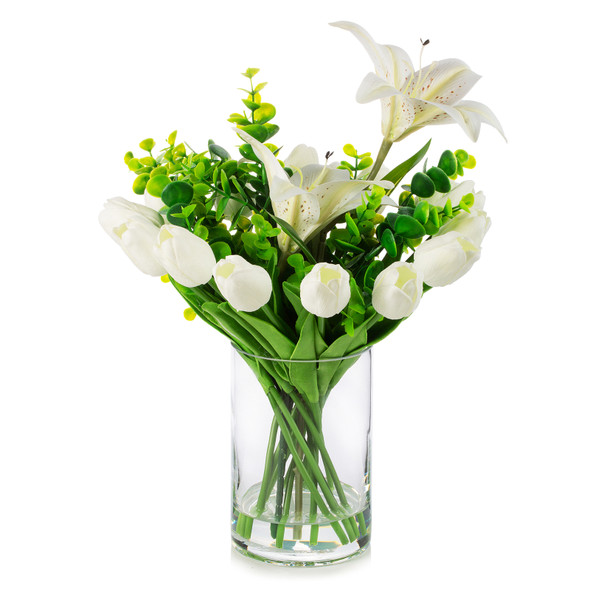 Mixed Artificial Real Touch Tulip and Lily Flower Arrangement in Clear Glass Vase with Faux Water