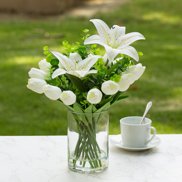 Mixed Artificial Real Touch Tulip and Lily Flower Arrangement in Clear Glass Vase with Faux Water