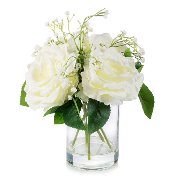 4 Large Silk Rose Flowers in Clear Glass Vase With Faux Water (White)