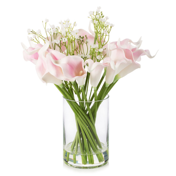 18 Mixed Artificial Real Touch Lily Flower Arrangement in Clear Glass Vase with Faux Water(Pink)