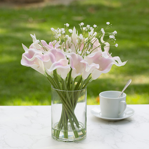 18 Mixed Artificial Real Touch Lily Flower Arrangement in Clear Glass Vase with Faux Water(Pink)