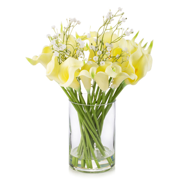 18 Mixed Artificial Real Touch Lily Flower Arrangement in Clear Glass Vase with Faux Water(Ivory)