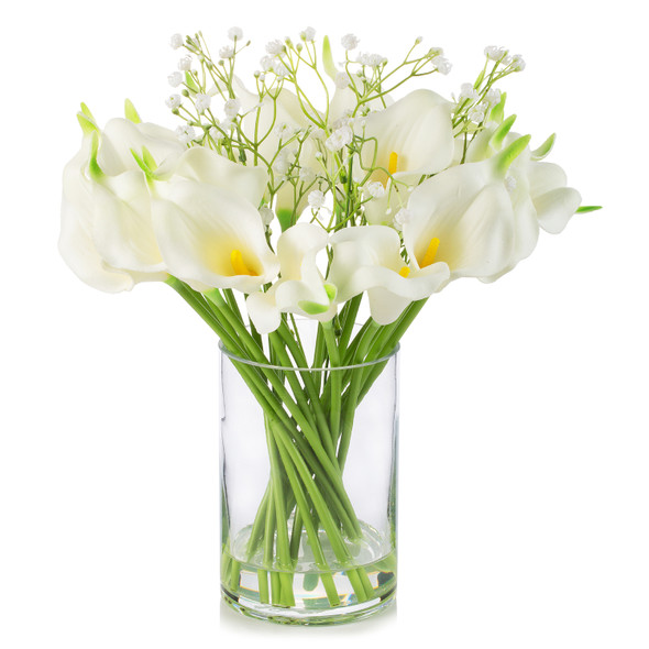 18 Mixed Artificial Real Touch Lily Flower Arrangement in Clear Glass Vase with Faux Water(White)