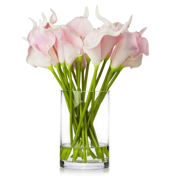 20 Pieces Artificial Real Touch Lily Flower Arrangement in Clear Glass Vase with Faux Water(Pink)