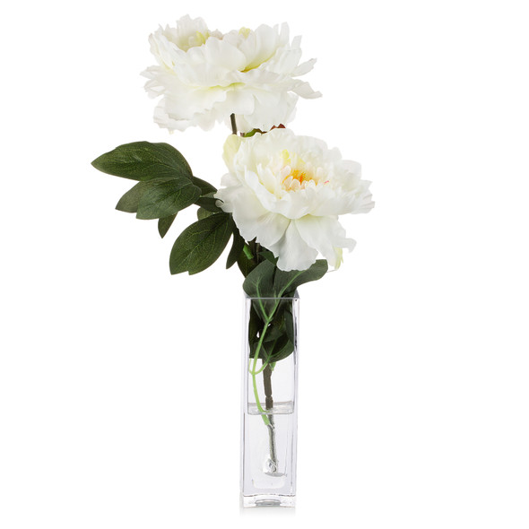 Artificial Silk Peony Flower in Clear Glass Vase (White)
