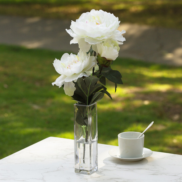 Artificial Silk Peony Flower in Clear Glass Vase (White)