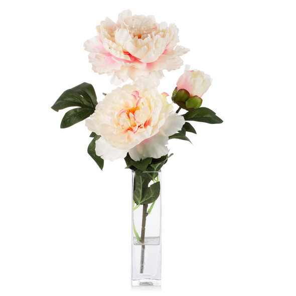 Artificial Silk Peony Flower in Clear Glass Vase (Pink)