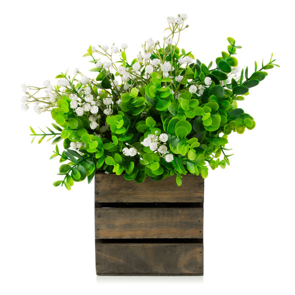 Mixed Eucalyptus Grass and Baby Breath in Wood Planter