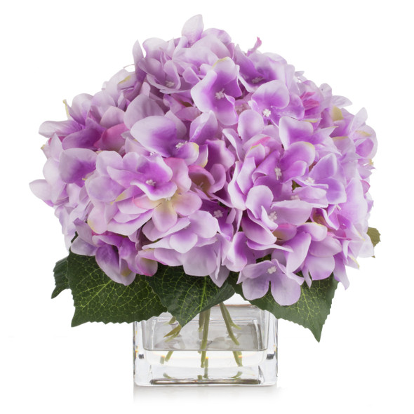 Artificial Silk Hydrangea in Clear Glass Vase With Faux Water (Light Purple)