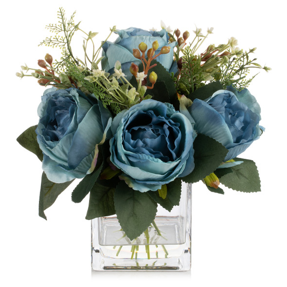 Artificial Silk Peony Flowers  in Clear Glass Vase With Faux Water (Blue)