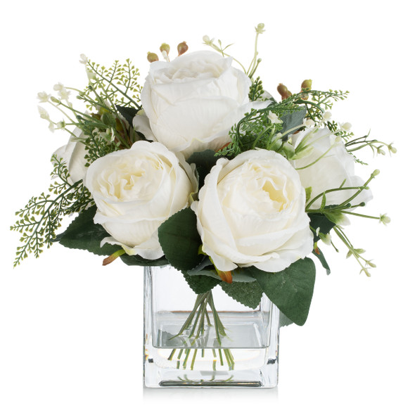 Artificial Silk Peony Flowers  in Clear Glass Vase With Faux Water (Cream)