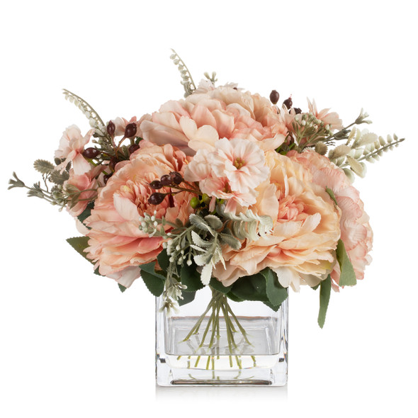 Mixed Artificial Silk Peony Flowers  in Clear Glass Vase With Faux Water (Champagne)