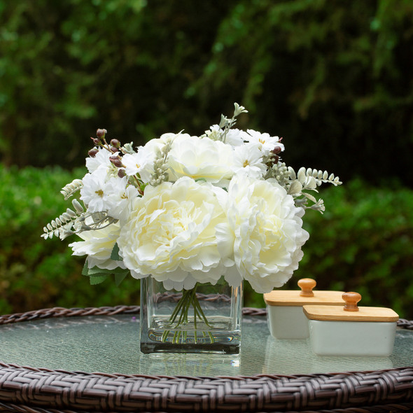 Mixed Artificial Silk Peony Flowers  in Clear Glass Vase With Faux Water (Cream)