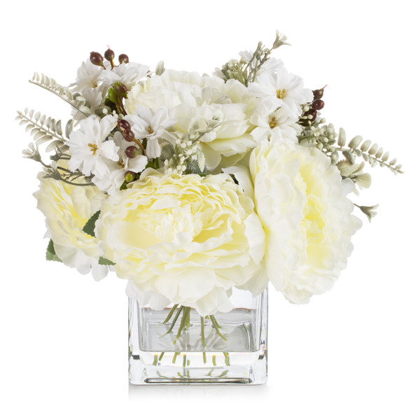 Mixed Artificial Silk Peony Flowers  in Clear Glass Vase With Faux Water (Cream)