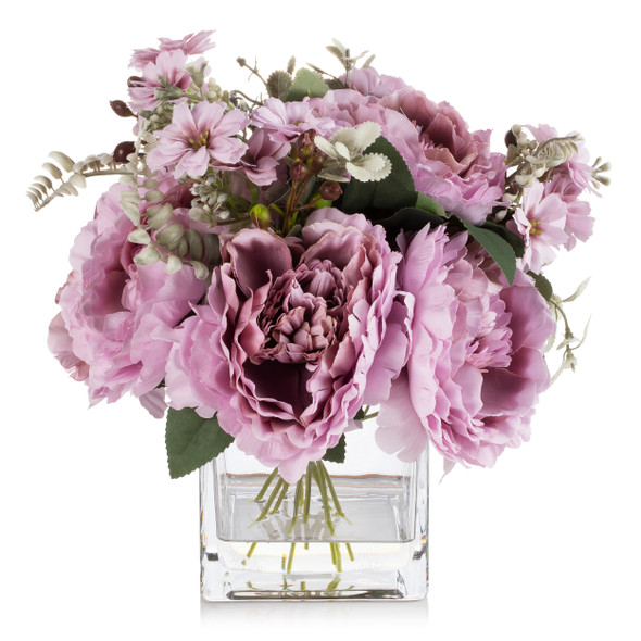 Mixed Artificial Silk Peony Flowers  in Clear Glass Vase With Faux Water (Purple)