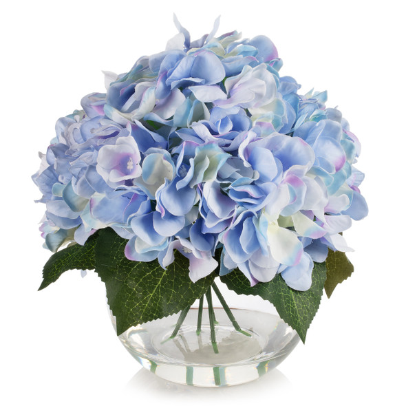 Silk Hydrangea Flower Arrangement in Clear White Vase with Faux Water(Blue)
