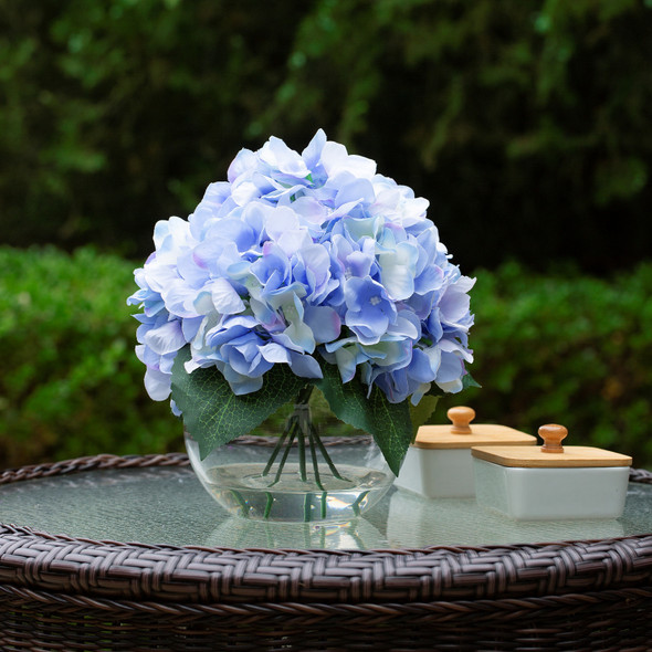 Silk Hydrangea Flower Arrangement in Clear White Vase with Faux Water(Blue)