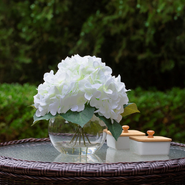 Silk Hydrangea Flower Arrangement in Clear White Vase with Faux Water(Cream)