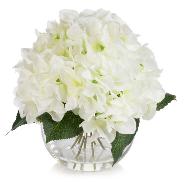 Silk Hydrangea Flower Arrangement in Clear White Vase with Faux Water(Cream)