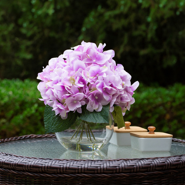 Silk Hydrangea Flower Arrangement in Clear White Vase with Faux Water(Light Purple)