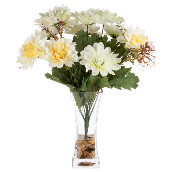 Mixed Daisy Flower Arrangement in Clear Glass Vase with Acrylic Water (Cream Yellow)