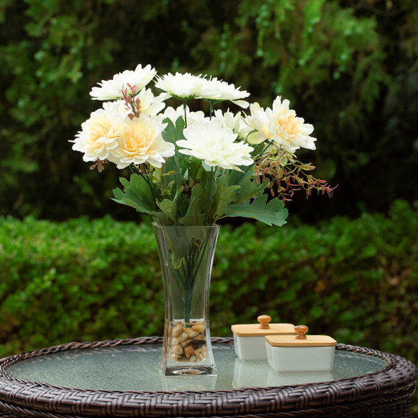 Mixed Daisy Flower Arrangement in Clear Glass Vase with Acrylic Water (Cream Yellow)